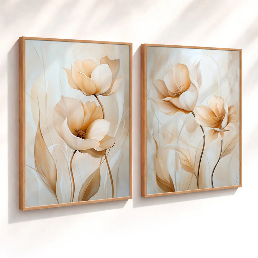 Kit 2 Quadros Decorativos com Moldura Flor de Lótus Bege Minimalista NOXHome
