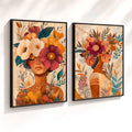 Kit 2 Quadros Decorativos com Moldura Mulher Flores Arte Boho Tons Terrosos NOXHome