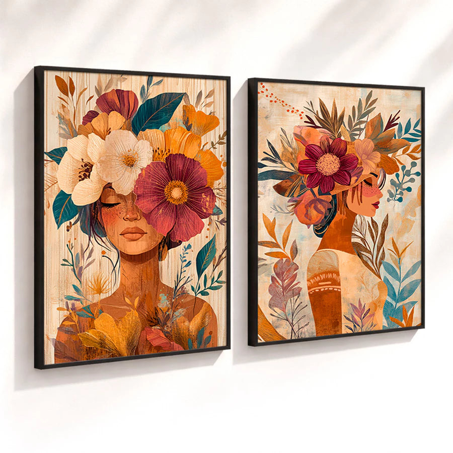Kit 2 Quadros Decorativos com Moldura Mulher Flores Arte Boho Tons Terrosos NOXHome