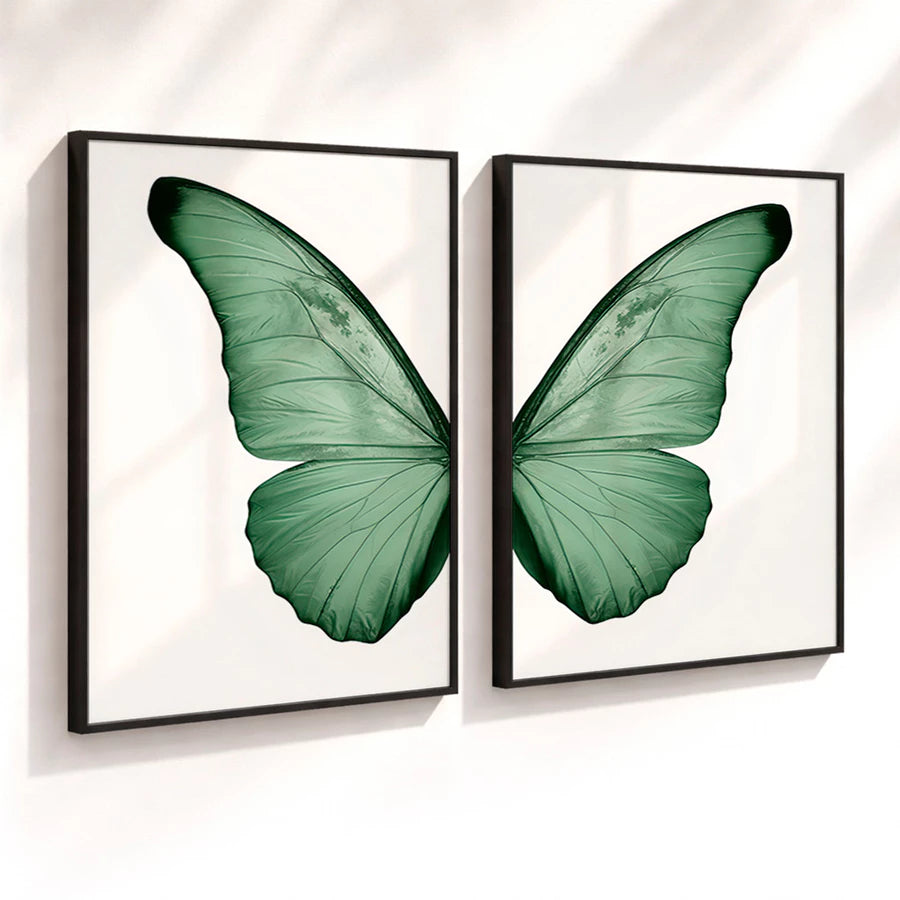 Kit 2 Quadros Decorativos com Moldura Asas Borboleta Verde Minimalista NOXHome
