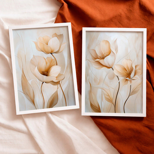 Kit 2 Quadros Decorativos com Moldura Flor de Lótus Bege Minimalista NOXHome