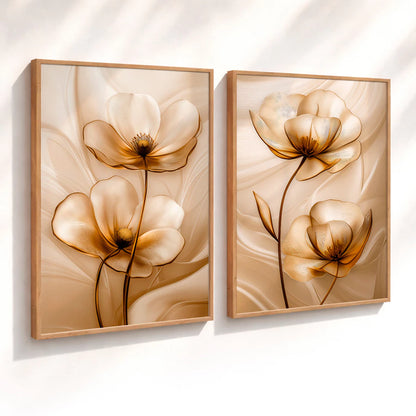 Kit 2 Quadros Decorativos com Moldura Flores Douradas Elegantes Luxo Floral Bege NOXHome