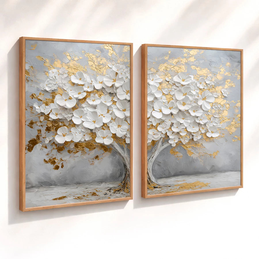 Kit 2 Quadros Decorativos com Moldura Árvore Flores Brancas Dourado Luxo NOXHome