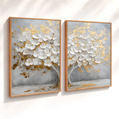 Kit 2 Quadros Decorativos com Moldura Árvore Flores Brancas Dourado Luxo NOXHome