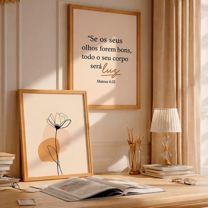 Kit 2 Quadros Decorativos com Moldura Flor Versículo Bíblico Mateus 6:22 Fé NOXHome