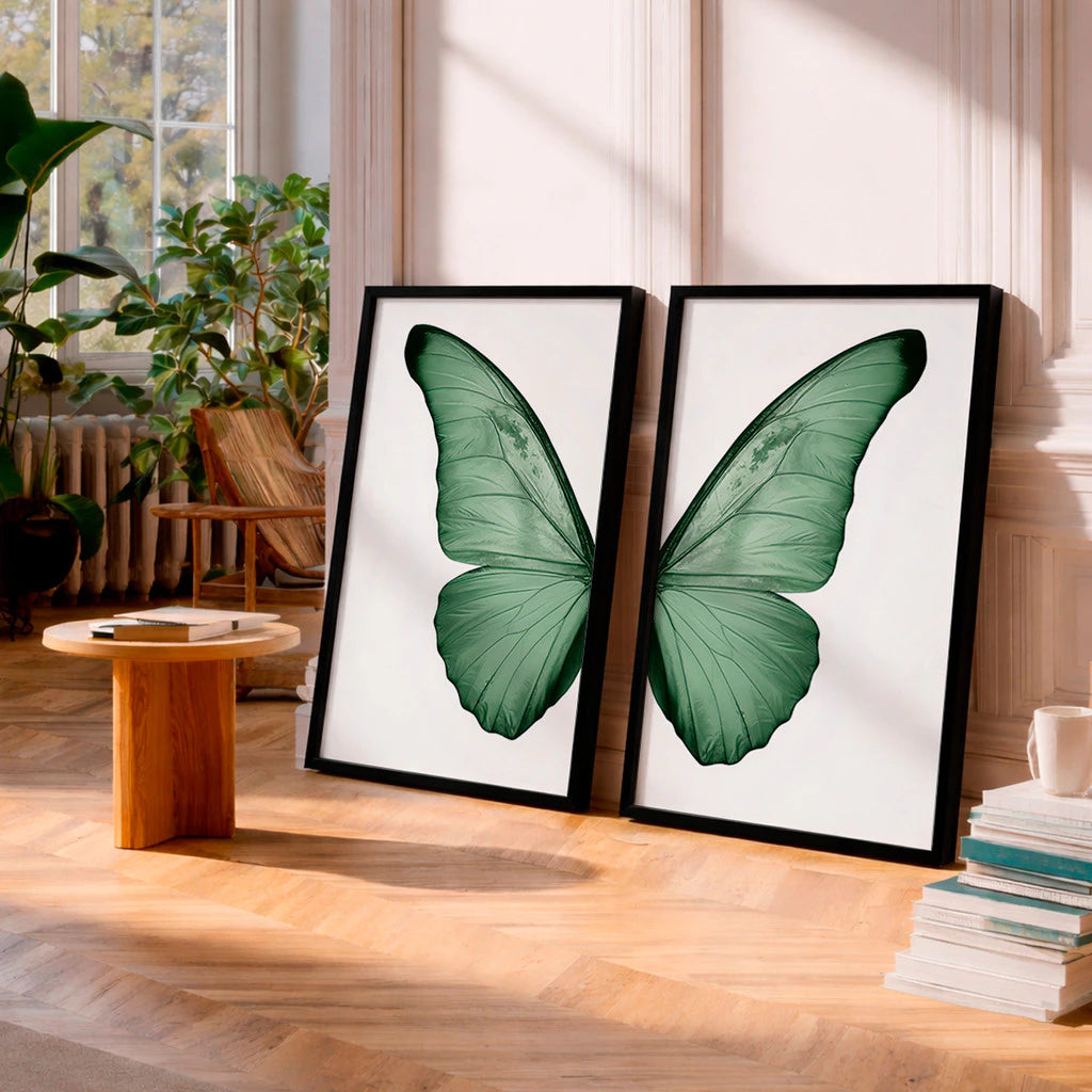 Kit 2 Quadros Decorativos com Moldura Asas Borboleta Verde Minimalista NOXHome