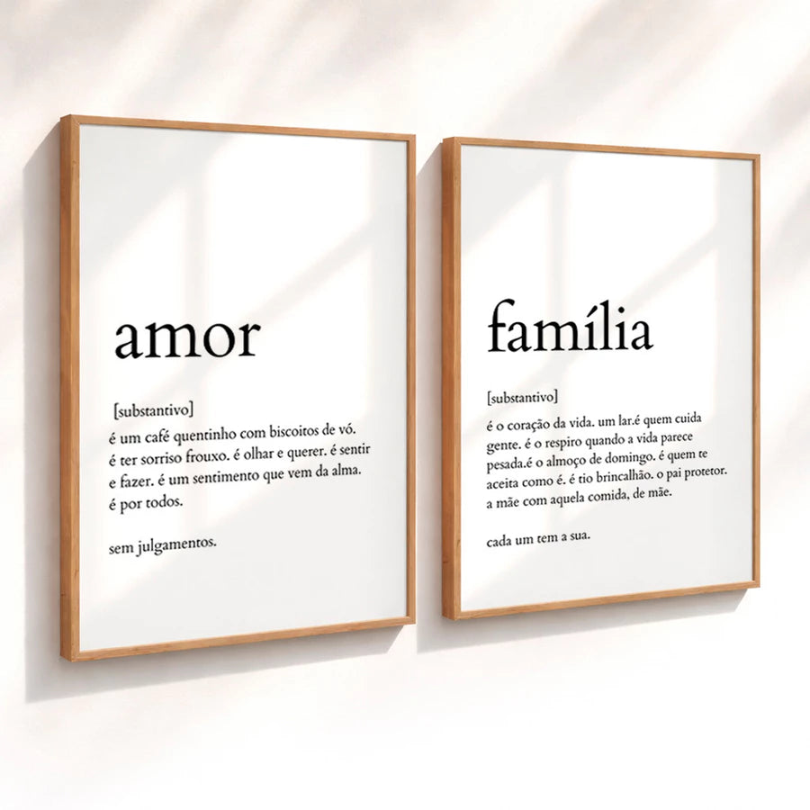 Kit 2 Quadros Decorativos com Moldura Frases Amor Família Minimalista NOXHome