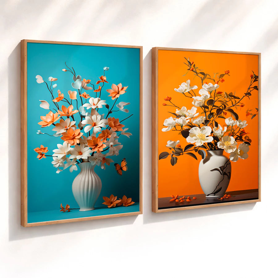 Kit 2 Quadros Decorativos com Moldura Vaso Flores Laranja Azul Moderno NOXHome