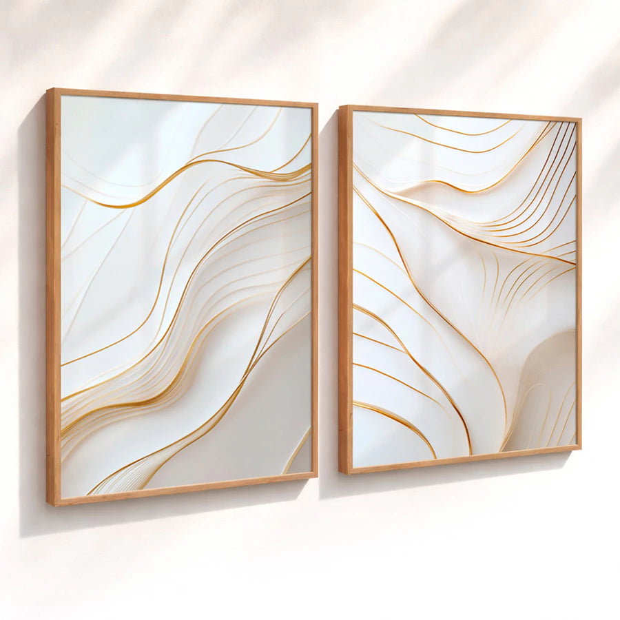Kit 2 Quadros Decorativos com Moldura Linhas Douradas Abstrato Branco Luxo Minimalista NOXHome