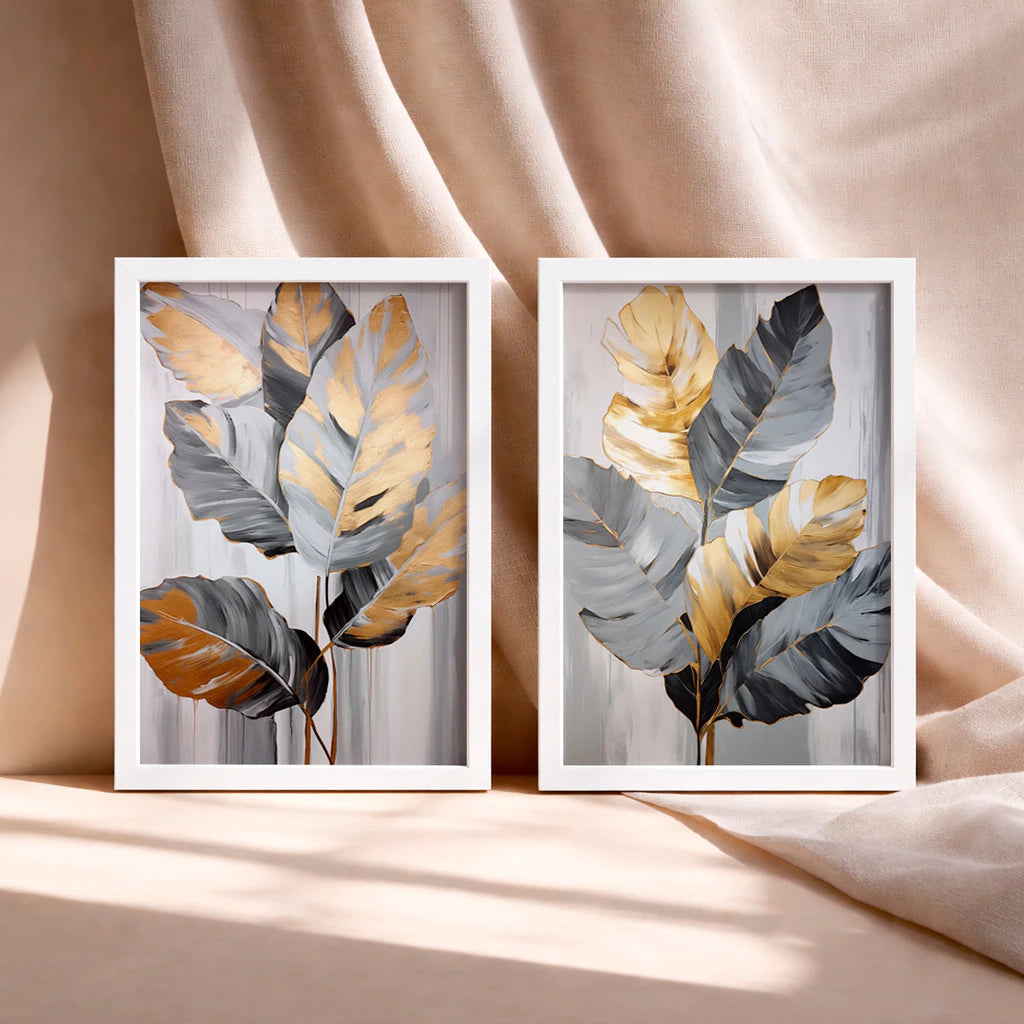 Kit 2 Quadros Decorativos com Moldura Folhas Cinza Dourado Tropical Moderno NOXHome