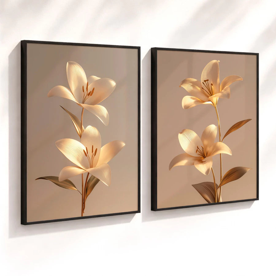 Kit 2 Quadros Decorativos com Moldura Flores Douradas 3D Elegante Luxo Bege NOXHome
