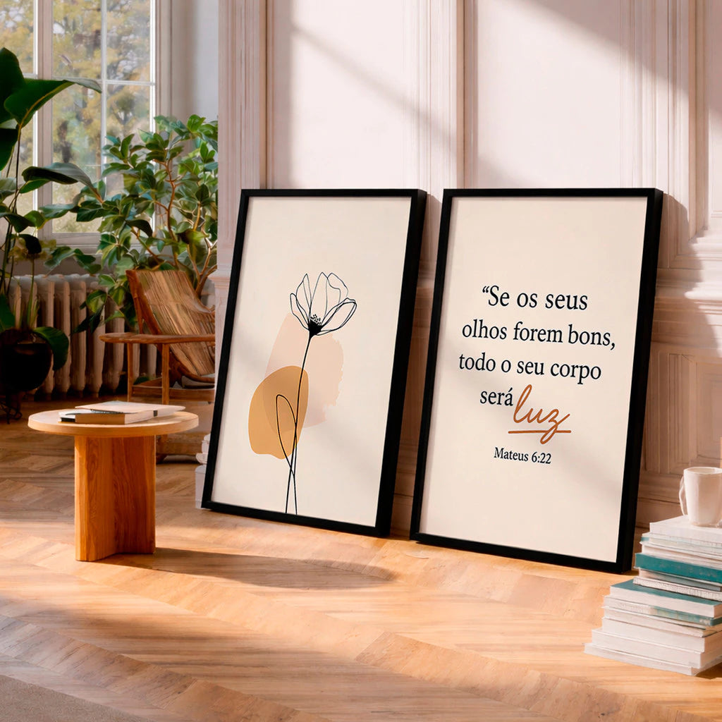 Kit 2 Quadros Decorativos com Moldura Flor Versículo Bíblico Mateus 6:22 Fé NOXHome