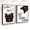 Kit 2 Quadros Decorativos com Moldura Gatos Frases Amor Pet Preto Branco NOXHome
