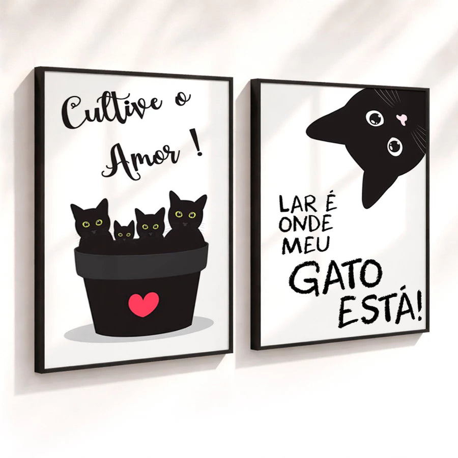 Kit 2 Quadros Decorativos com Moldura Gatos Frases Amor Pet Preto Branco NOXHome