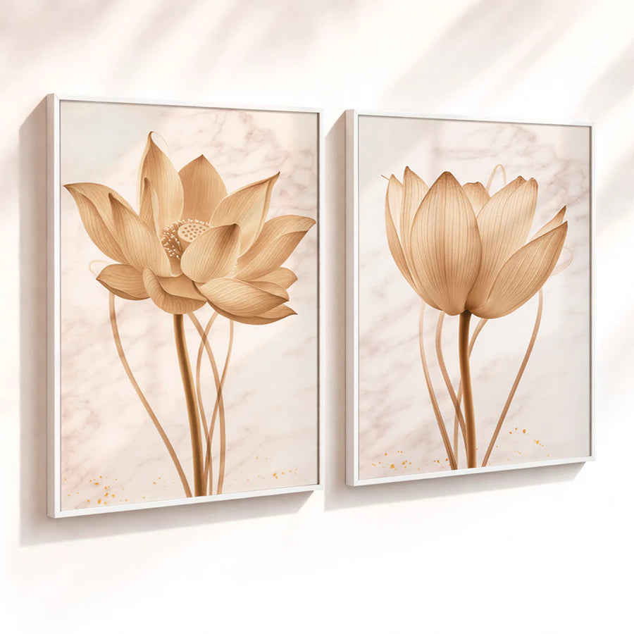Kit 2 Quadros Decorativos Flor de Lótus Bege Minimalista NOXHome