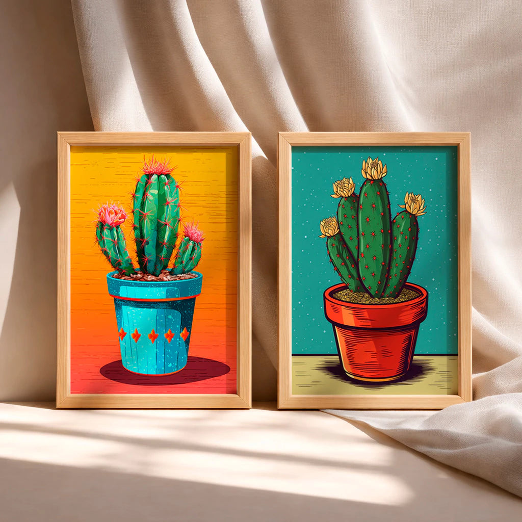 Kit 2 Quadros Decorativos com Moldura Cacto Colorido Arte Vibrante Criativo NOXHome