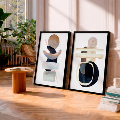 Kit 2 Quadros Decorativos com Moldura Abstrato Neutro Formas Orgânicas Bege NOXHome