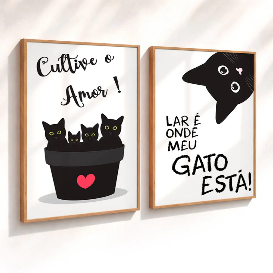 Kit 2 Quadros Decorativos com Moldura Gatos Frases Amor Pet Preto Branco NOXHome