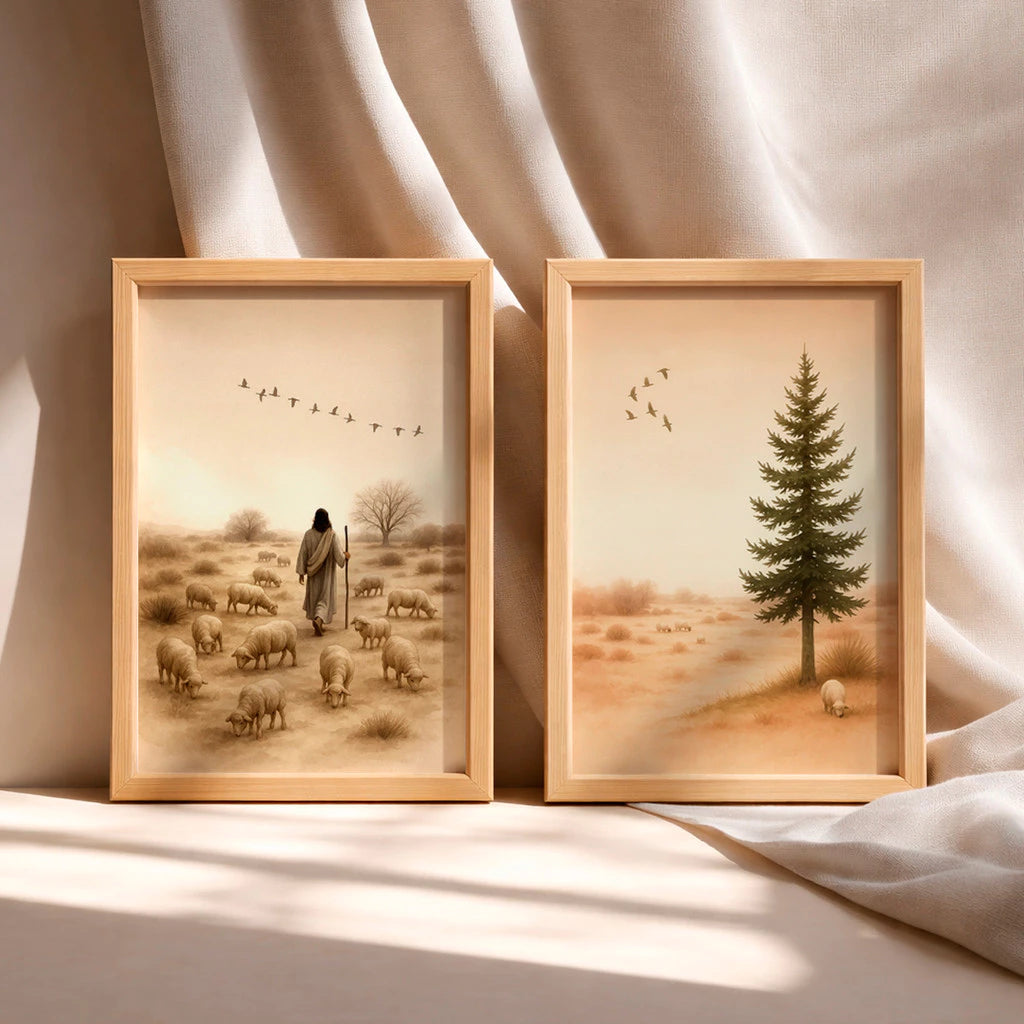 Kit 2 Quadros Decorativos com Moldura Jesus Pastor Ovelhas Paisagem Religioso Fé NOXHome