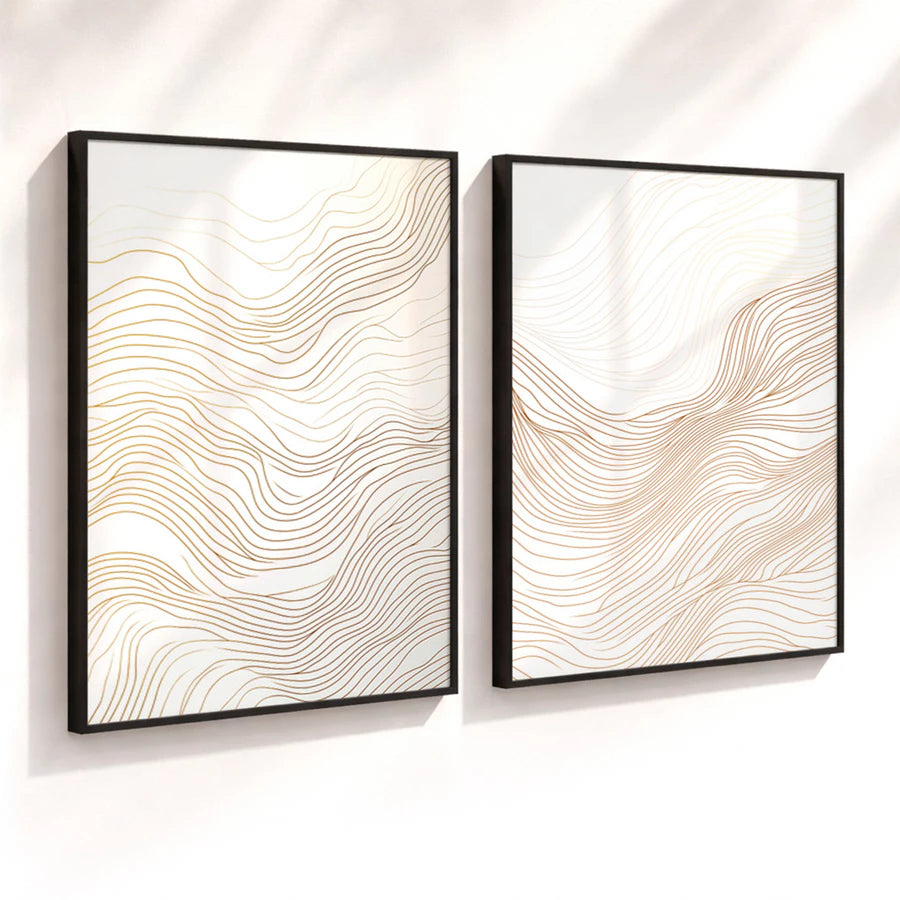 Kit 2 Quadros Decorativos com Moldura Linhas Onduladas Douradas Minimalista NOXHome