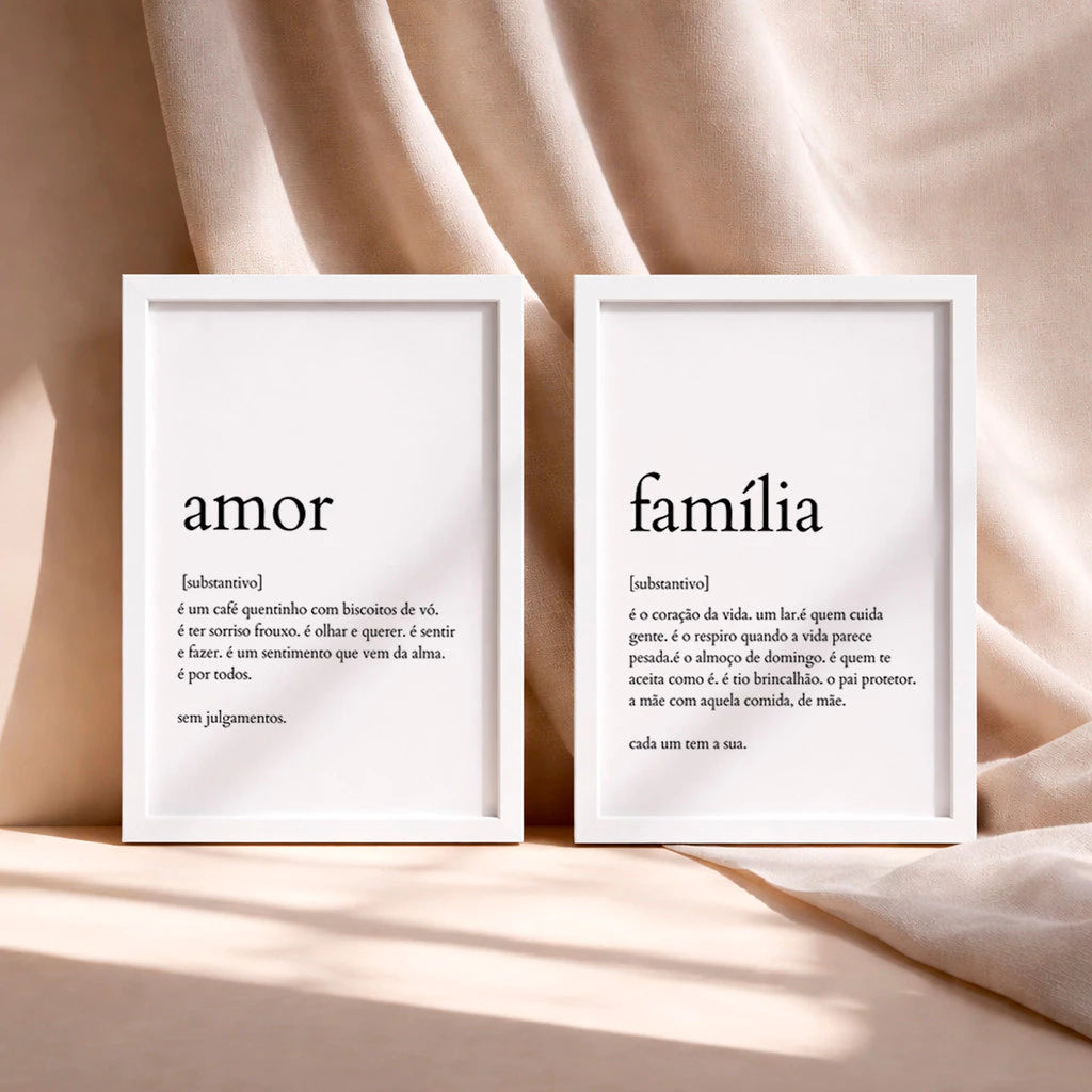 Kit 2 Quadros Decorativos com Moldura Frases Amor Família Minimalista NOXHome