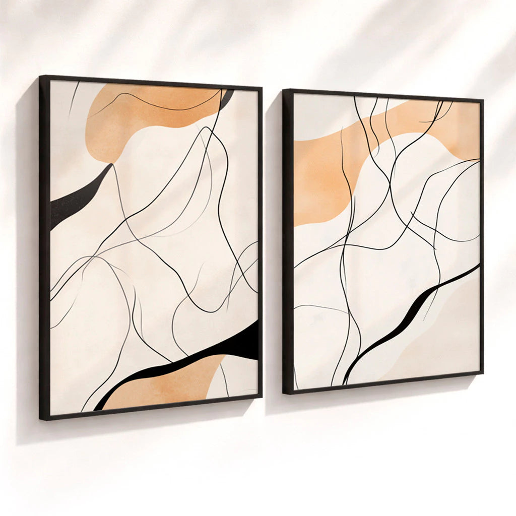 Kit 2 Quadros Decorativos com Moldura Linhas Abstratas Minimalista Bege NOXHome