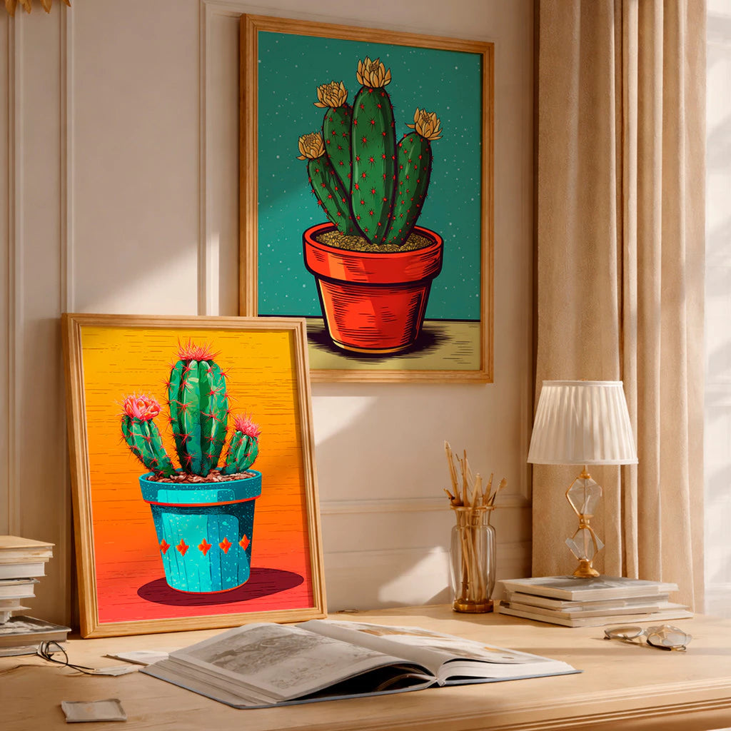 Kit 2 Quadros Decorativos com Moldura Cacto Colorido Arte Vibrante Criativo NOXHome