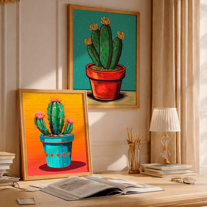 Kit 2 Quadros Decorativos com Moldura Cacto Colorido Arte Vibrante Criativo NOXHome