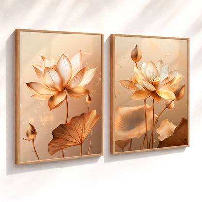 Kit 2 Quadros Decorativos com Moldura Flor de Lótus Dourada Arte Zen Elegante NOXHome