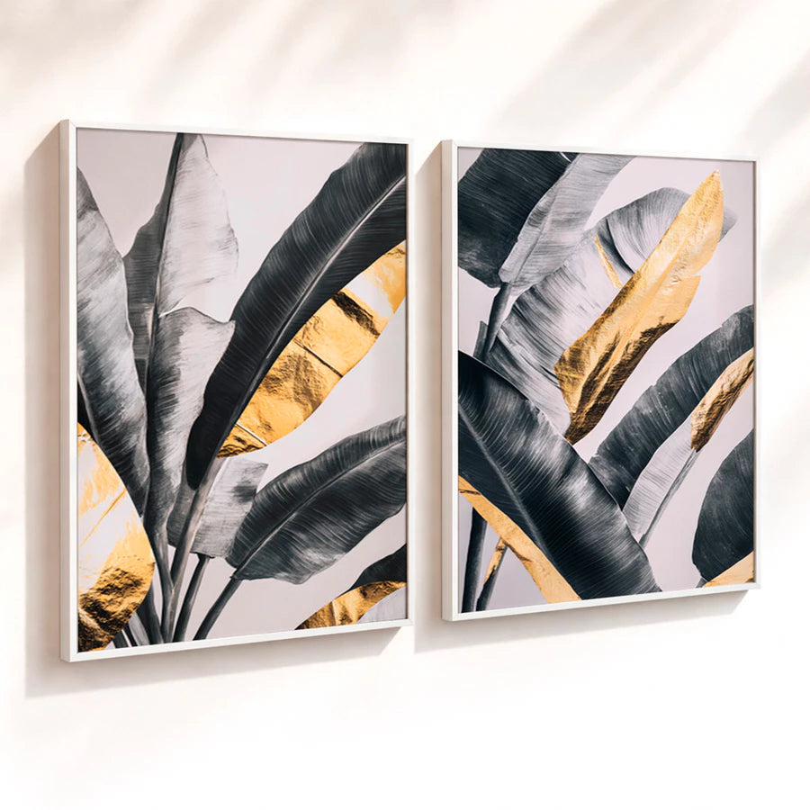 Kit 2 Quadros Decorativos com Moldura Folhas Tropicais Preto Dourado Luxo NOXHome