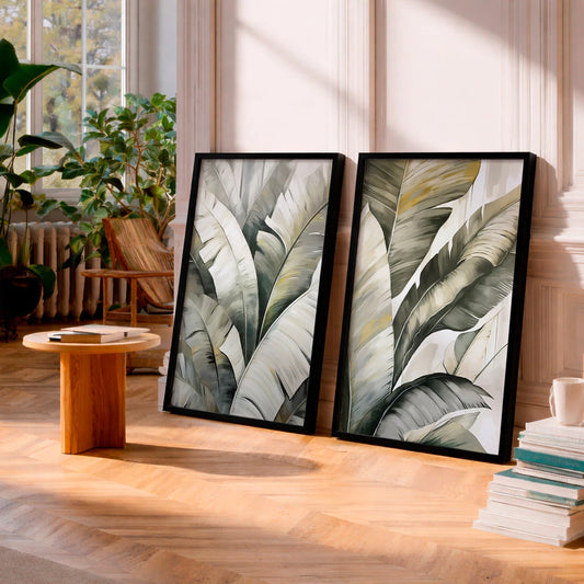 Kit 2 Quadros Decorativos com Moldura Folhas Tropicais Verde Cinza NOXHome