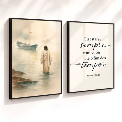 Kit 2 Quadros Decorativos com Moldura Jesus Barco Versículo Bíblico Mateus Religioso Fé NOXHome