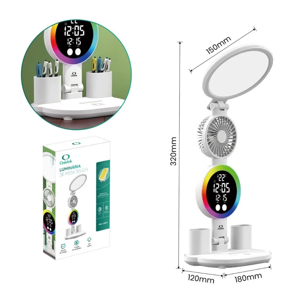 Luminária de Mesa LED Multifuncional NOXHome com Ventilador, Relógio e Porta-Canetas | Touch Screen | USB | Quarto, Escritório e Estudo