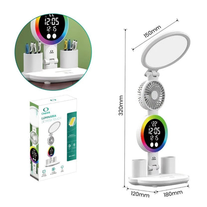 Luminária de Mesa LED Multifuncional NOXHome com Ventilador, Relógio e Porta-Canetas | Touch Screen | USB | Quarto, Escritório e Estudo