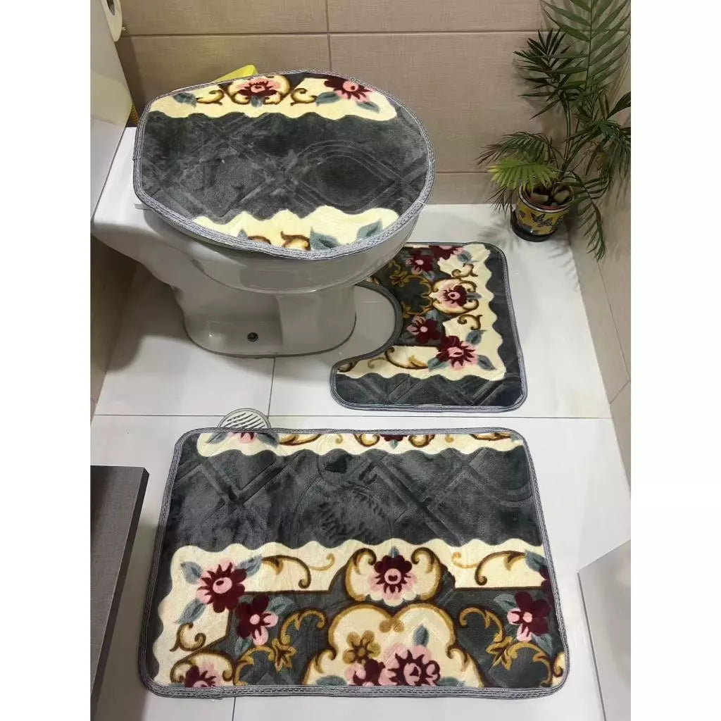 Jogo de Tapete para Banheiro Floral NOXHome | Antiderrapante 100% – Kit 3 Peças