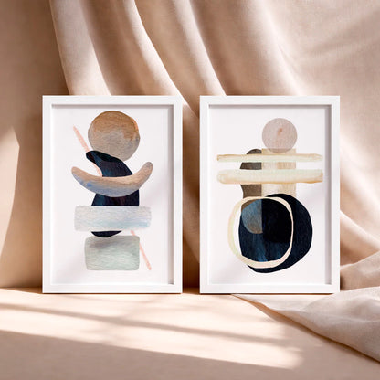 Kit 2 Quadros Decorativos com Moldura Abstrato Neutro Formas Orgânicas Bege NOXHome
