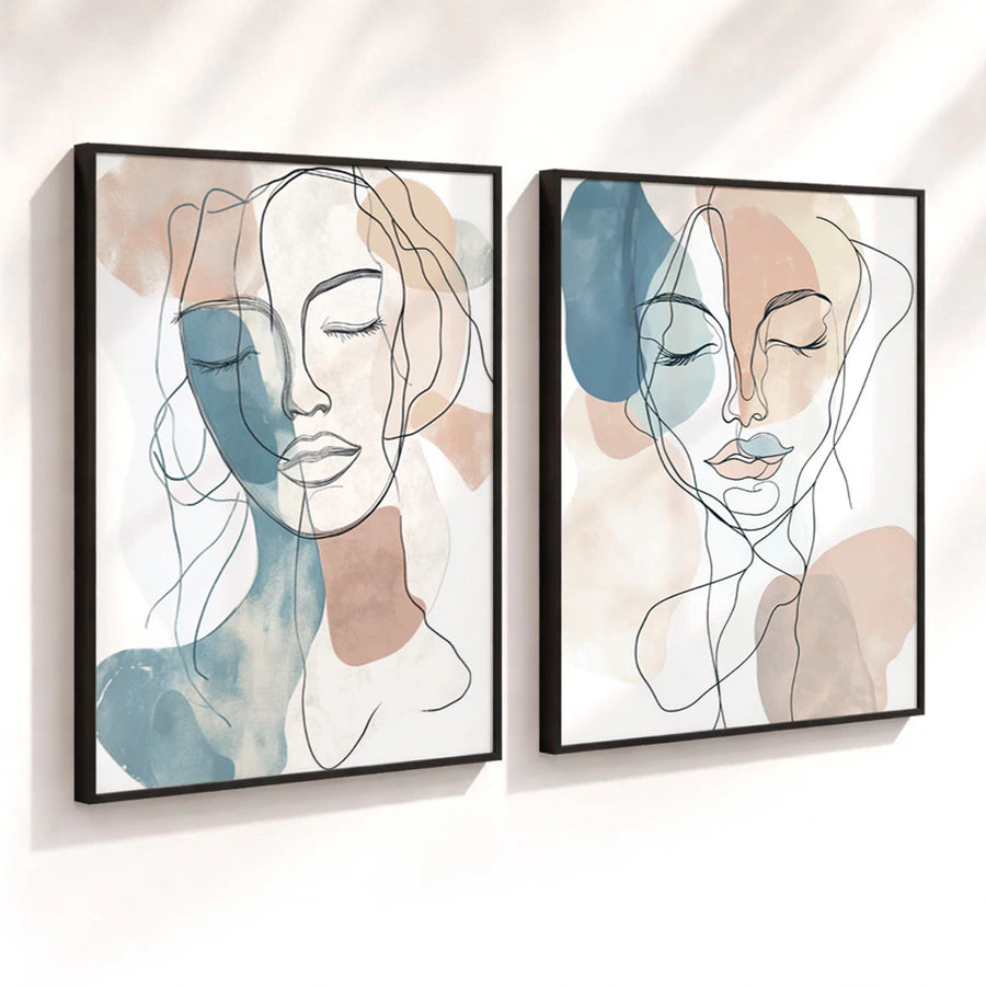 Kit 2 Quadros Decorativos com Moldura Rosto Feminino Abstrato Minimalista NOXHome