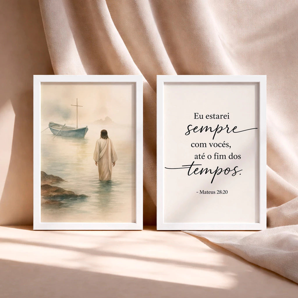 Kit 2 Quadros Decorativos com Moldura Jesus Barco Versículo Bíblico Mateus Religioso Fé NOXHome