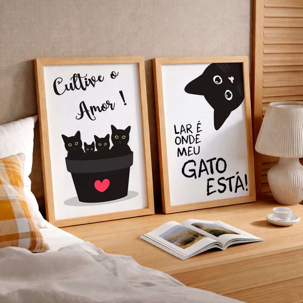 Kit 2 Quadros Decorativos com Moldura Gatos Frases Amor Pet Preto Branco NOXHome
