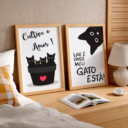 Kit 2 Quadros Decorativos com Moldura Gatos Frases Amor Pet Preto Branco NOXHome