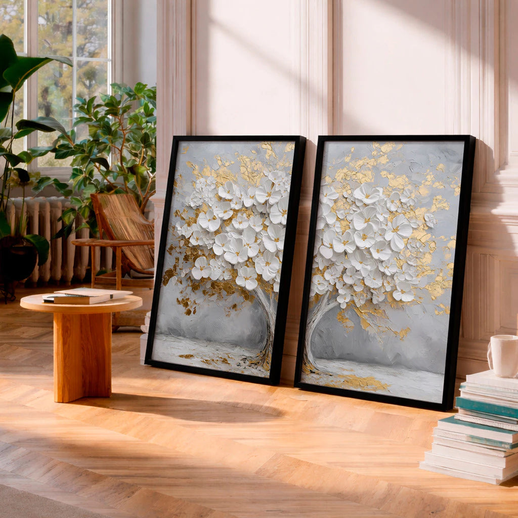 Kit 2 Quadros Decorativos com Moldura Árvore Flores Brancas Dourado Luxo NOXHome
