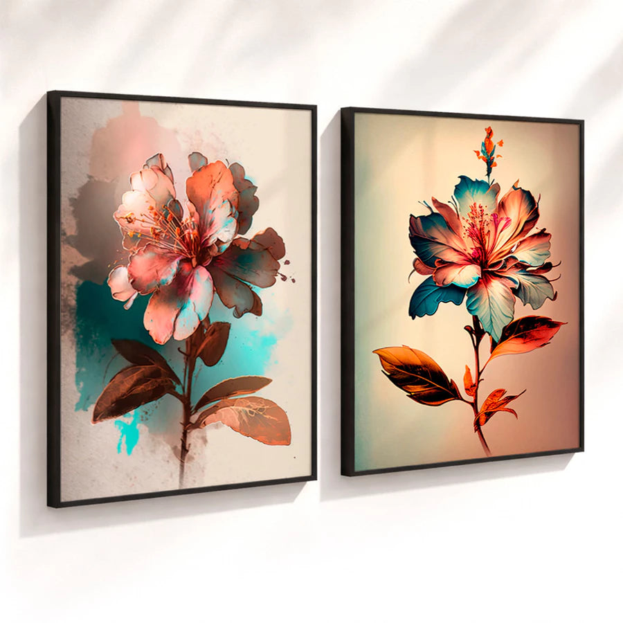 Kit 2 Quadros Decorativos com Moldura Flor Colorida Arte Moderna Tons Pastel NOXHome