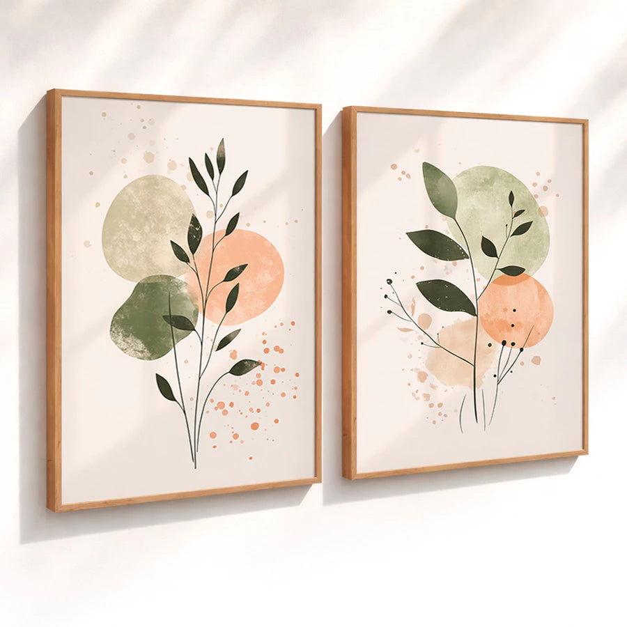 Kit 2 Quadros Decorativos com Moldura Folhas Orgânicas Tons Verde Terracota Minimalista NOXHome