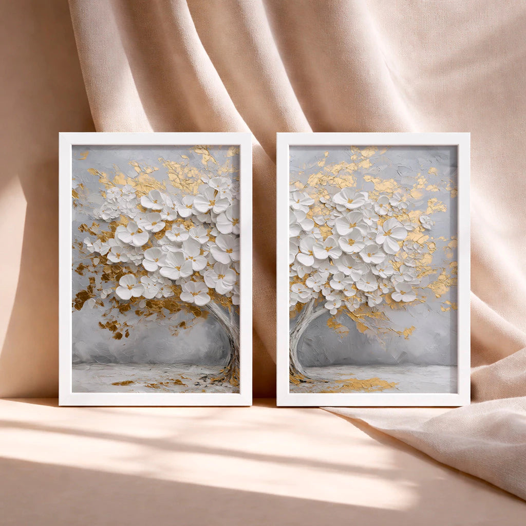 Kit 2 Quadros Decorativos com Moldura Árvore Flores Brancas Dourado Luxo NOXHome