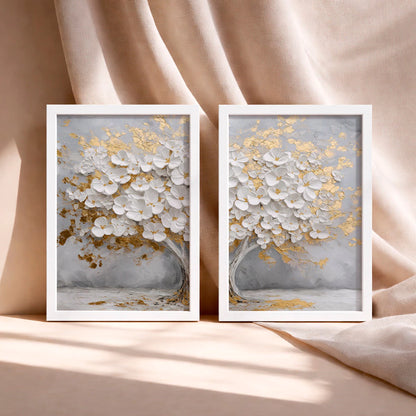Kit 2 Quadros Decorativos com Moldura Árvore Flores Brancas Dourado Luxo NOXHome