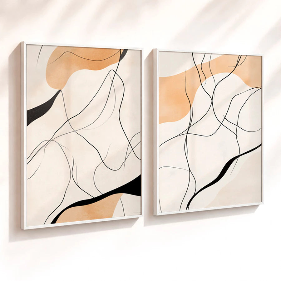 Kit 2 Quadros Decorativos com Moldura Linhas Abstratas Minimalista Bege NOXHome
