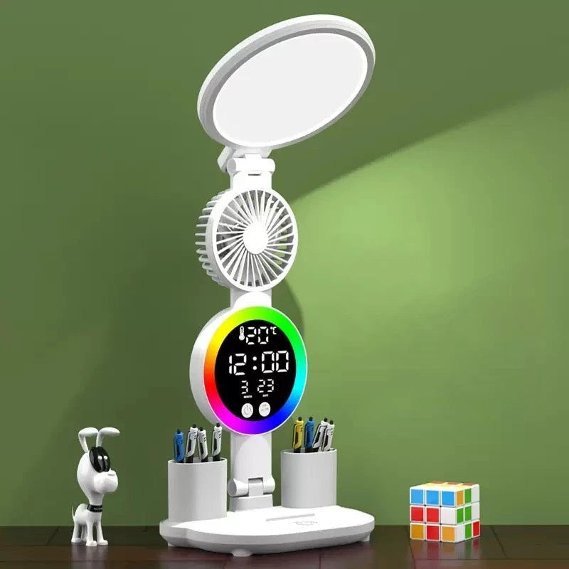 Luminária de Mesa LED Multifuncional NOXHome com Ventilador, Relógio e Porta-Canetas | Touch Screen | USB | Quarto, Escritório e Estudo