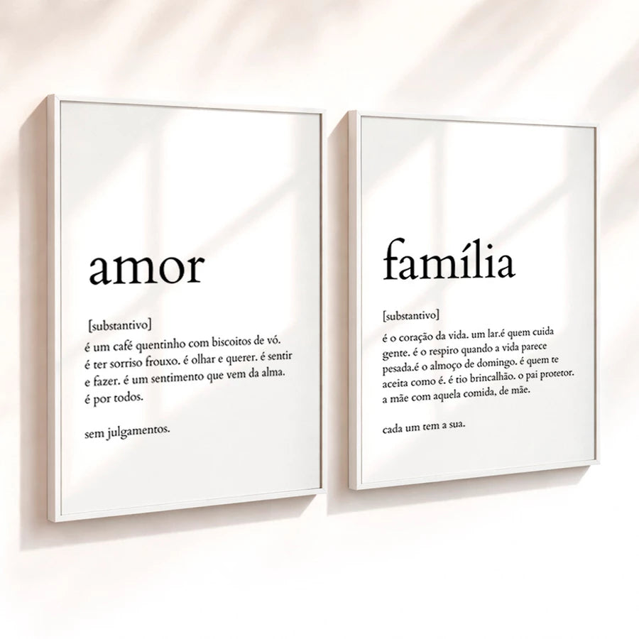 Kit 2 Quadros Decorativos com Moldura Frases Amor Família Minimalista NOXHome