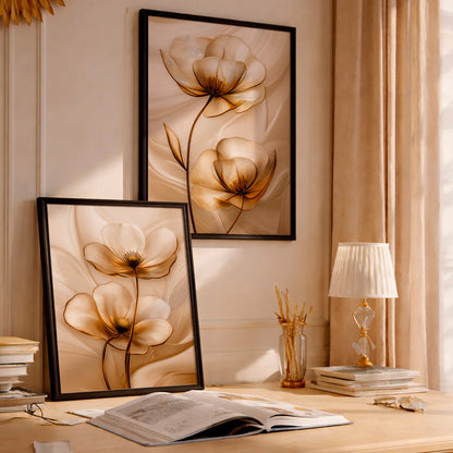 Kit 2 Quadros Decorativos com Moldura Flores Douradas Elegantes Luxo Floral Bege NOXHome