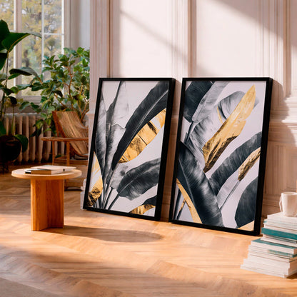 Kit 2 Quadros Decorativos com Moldura Folhas Tropicais Preto Dourado Luxo NOXHome